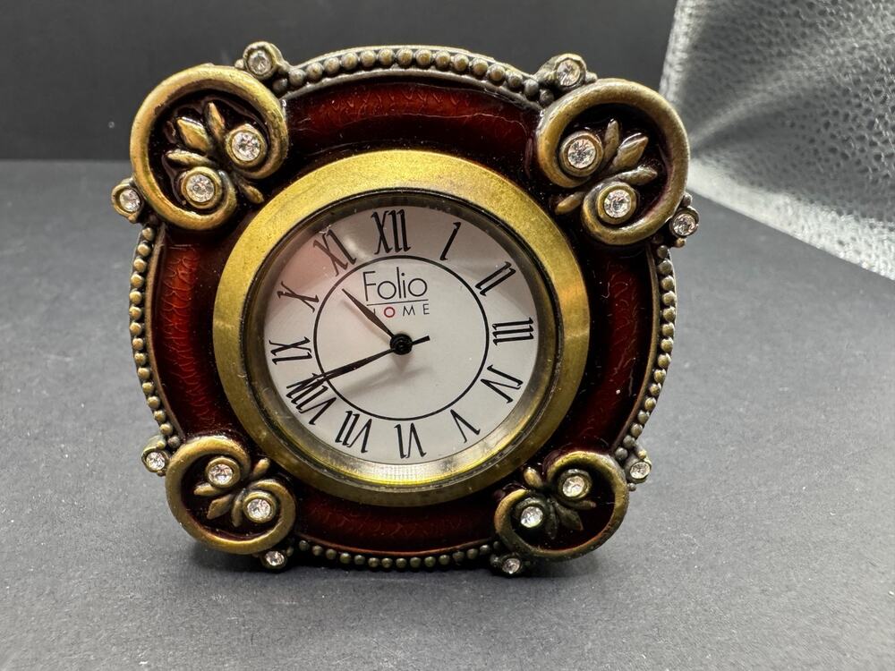 Vintage Folio Home Mini Nostalgia Travel Size Jewelled Round Clock Untested